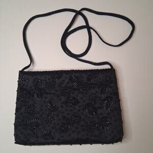 Nytlites Vintage Black Beaded Evening Clutch Bag Shoulder Strap Snap Closure 9x6